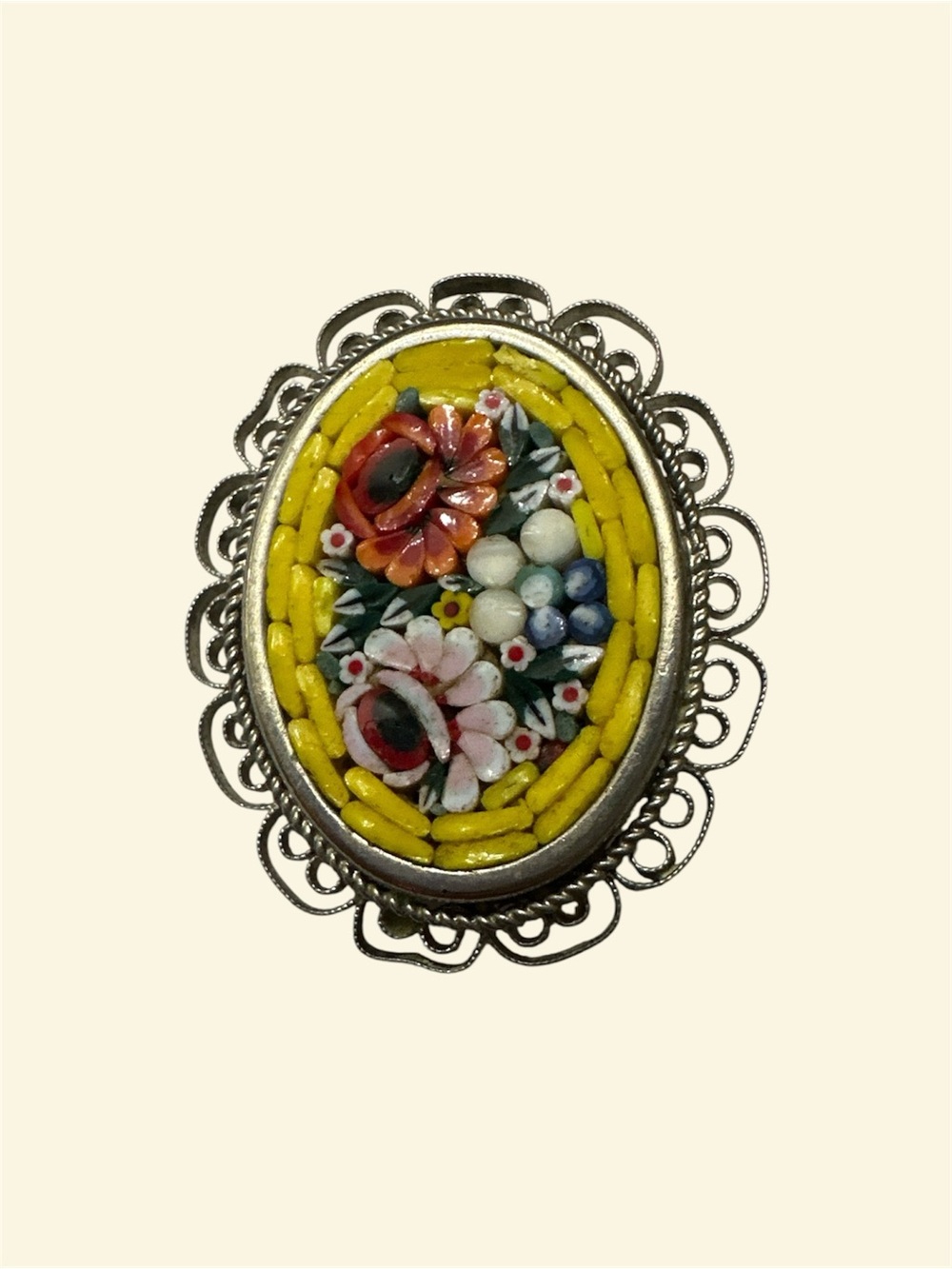 Vintage Mosaic Floral Yellow and Multicolor Oval Brooch